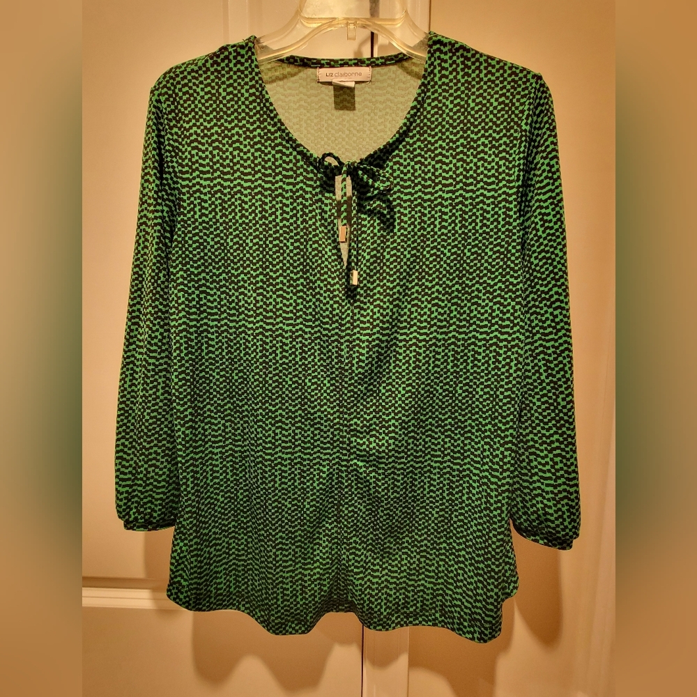 Liz Claiborne Green and Black Patterned Blouse